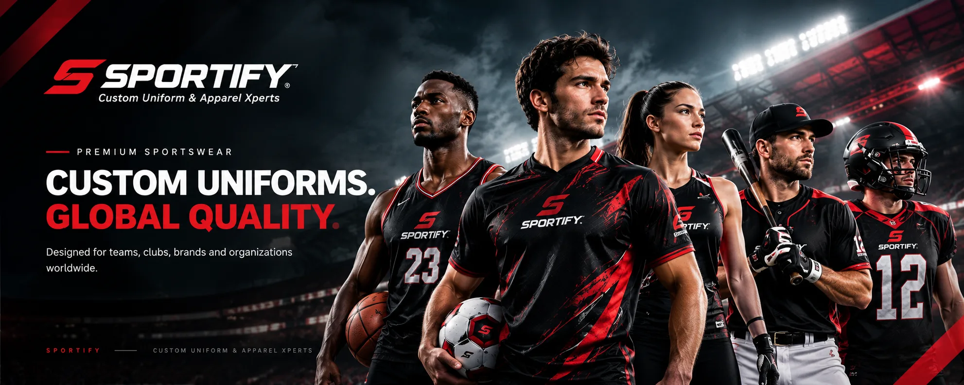 SPORTIFY custom sportswear — lineup of athletes wearing custom team uniforms